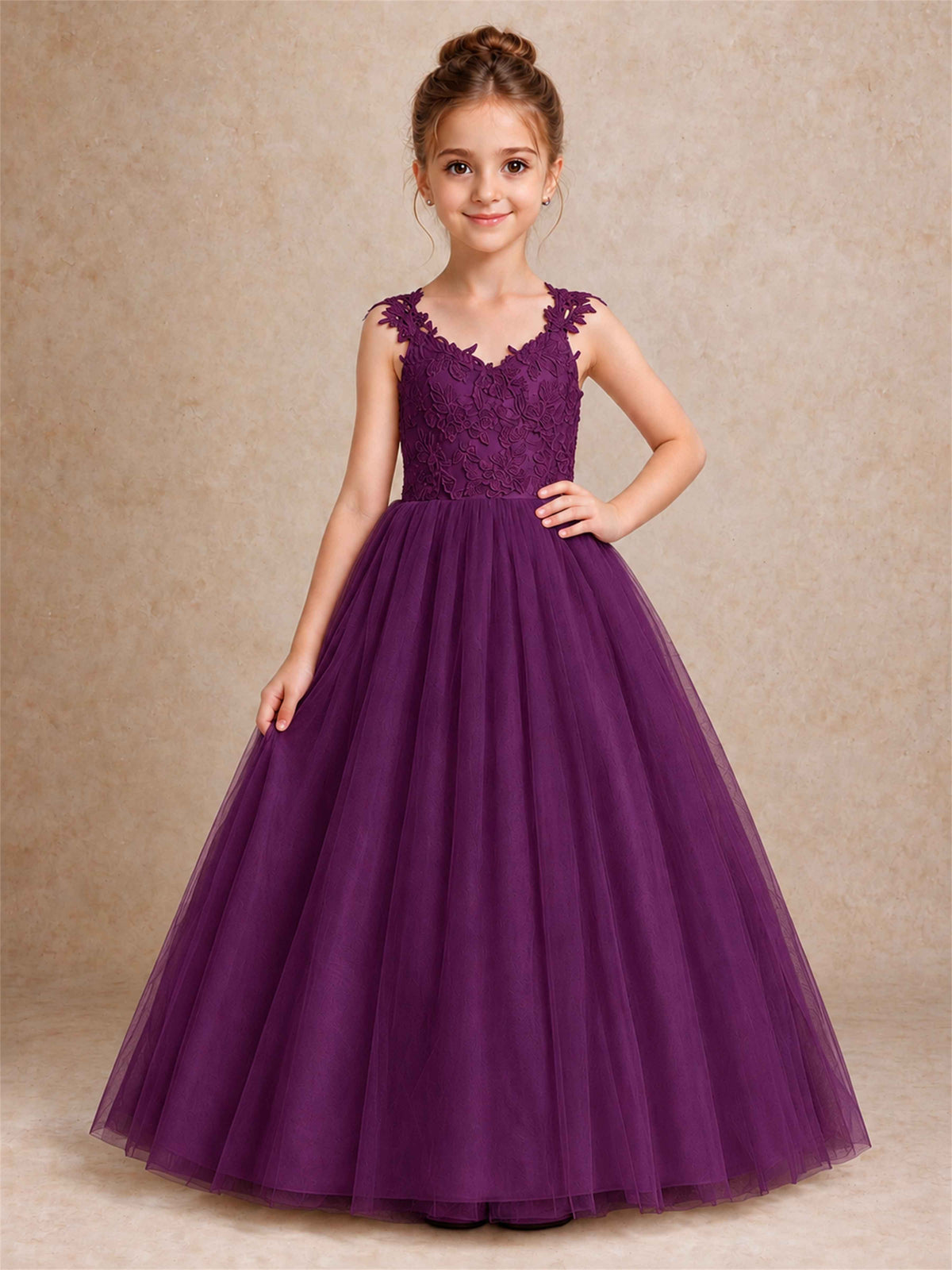 V Neck Lace Applique Sleeveless Tulle Floor Length Formal Gown for Wedding First Communion