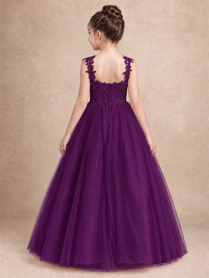 V Neck Lace Applique Sleeveless Tulle Floor Length Formal Gown for Wedding First Communion