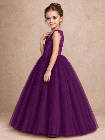 V Neck Lace Applique Sleeveless Tulle Floor Length Formal Gown for Wedding First Communion
