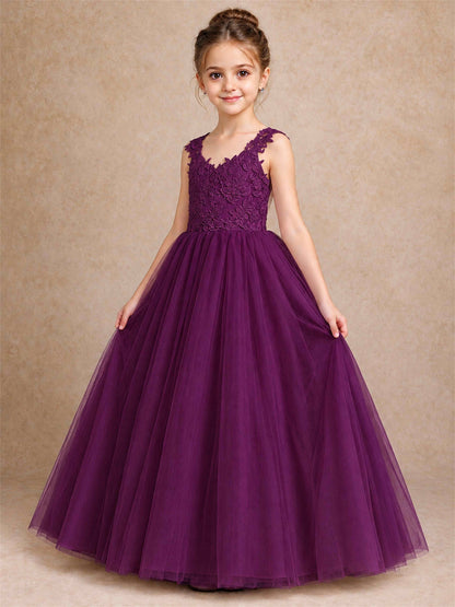 V Neck Lace Applique Sleeveless Tulle Floor Length Formal Gown for Wedding First Communion