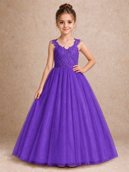 V Neck Lace Applique Sleeveless Tulle Floor Length Formal Gown for Wedding First Communion