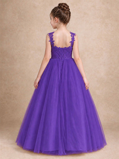 V Neck Lace Applique Sleeveless Tulle Floor Length Formal Gown for Wedding First Communion
