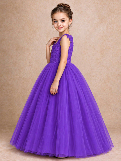 V Neck Lace Applique Sleeveless Tulle Floor Length Formal Gown for Wedding First Communion