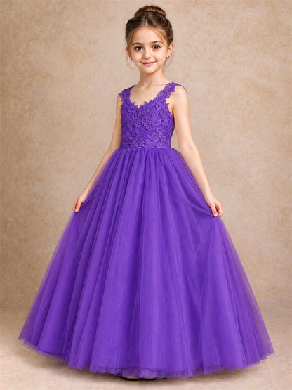 V Neck Lace Applique Sleeveless Tulle Floor Length Formal Gown for Wedding First Communion