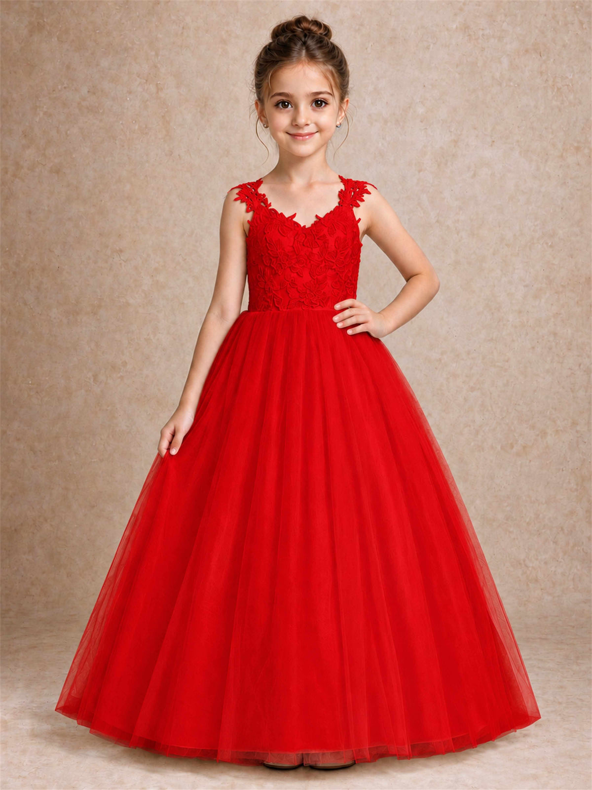 V Neck Lace Applique Sleeveless Tulle Floor Length Formal Gown for Wedding First Communion