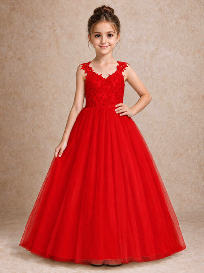 V Neck Lace Applique Sleeveless Tulle Floor Length Formal Gown for Wedding First Communion