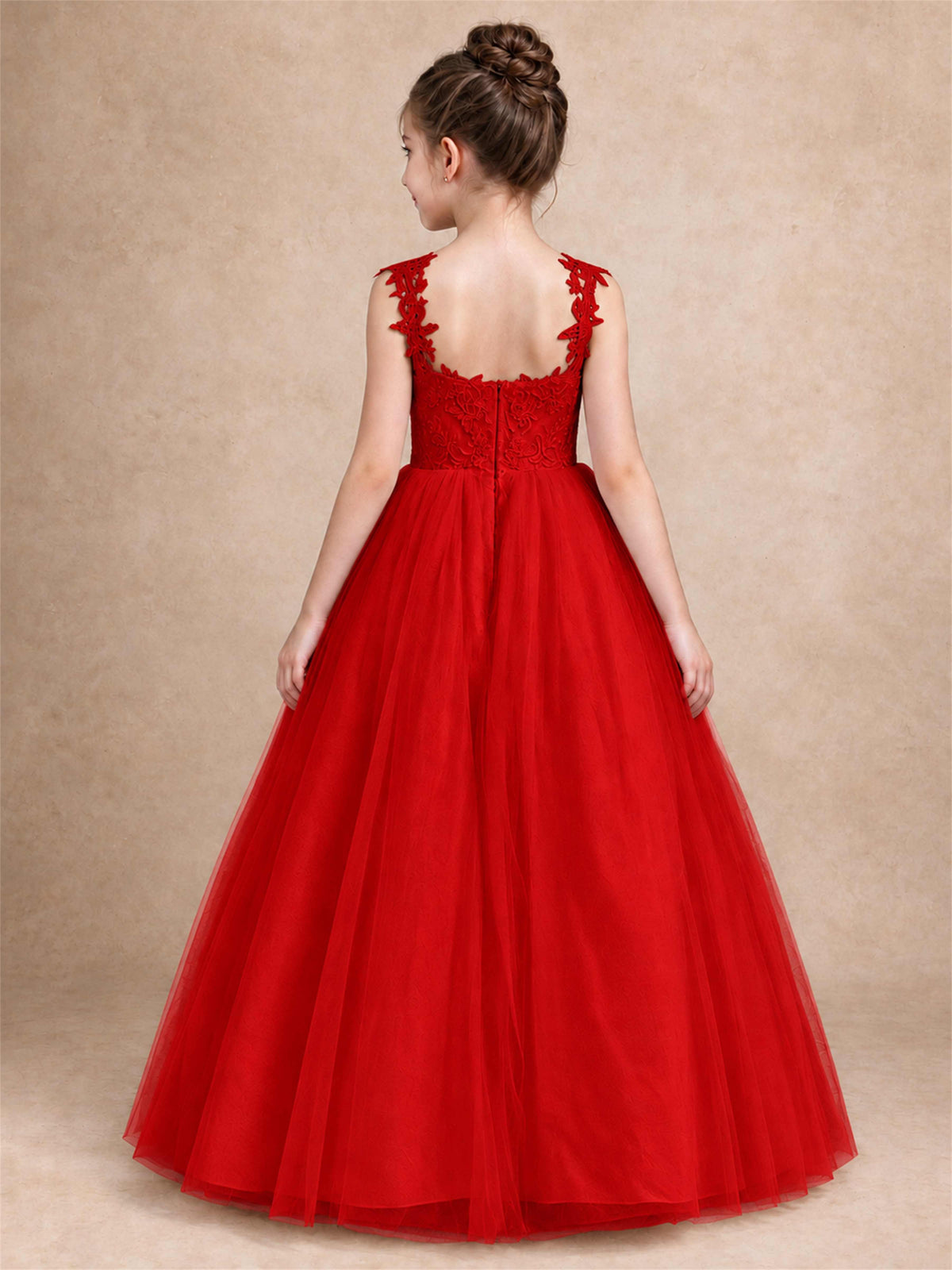 V Neck Lace Applique Sleeveless Tulle Floor Length Formal Gown for Wedding First Communion