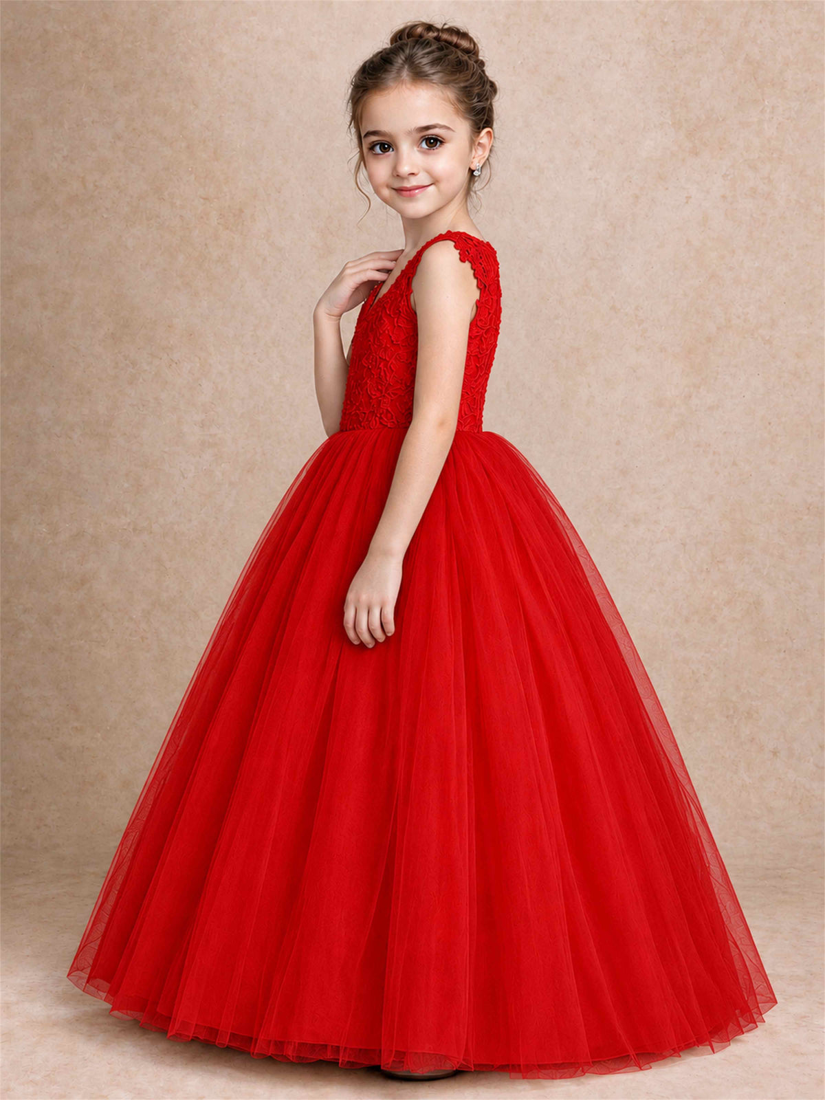 V Neck Lace Applique Sleeveless Tulle Floor Length Formal Gown for Wedding First Communion