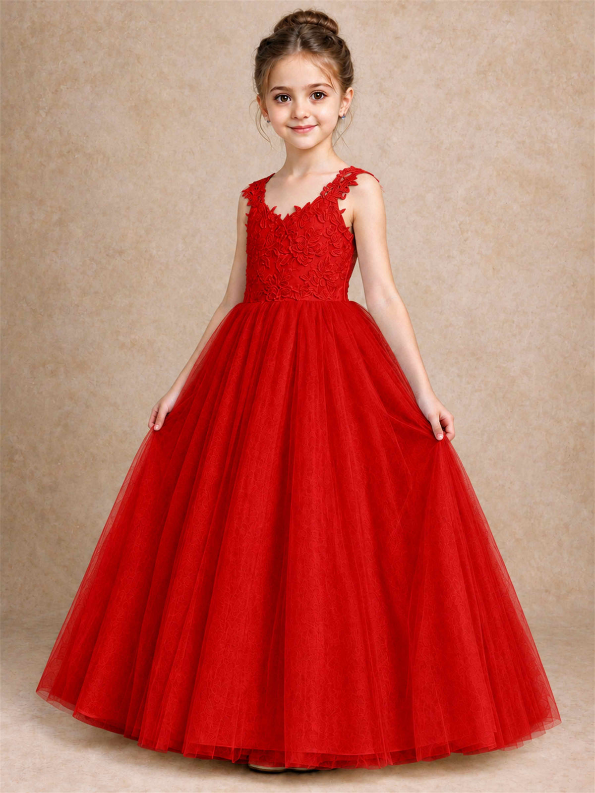 V Neck Lace Applique Sleeveless Tulle Floor Length Formal Gown for Wedding First Communion
