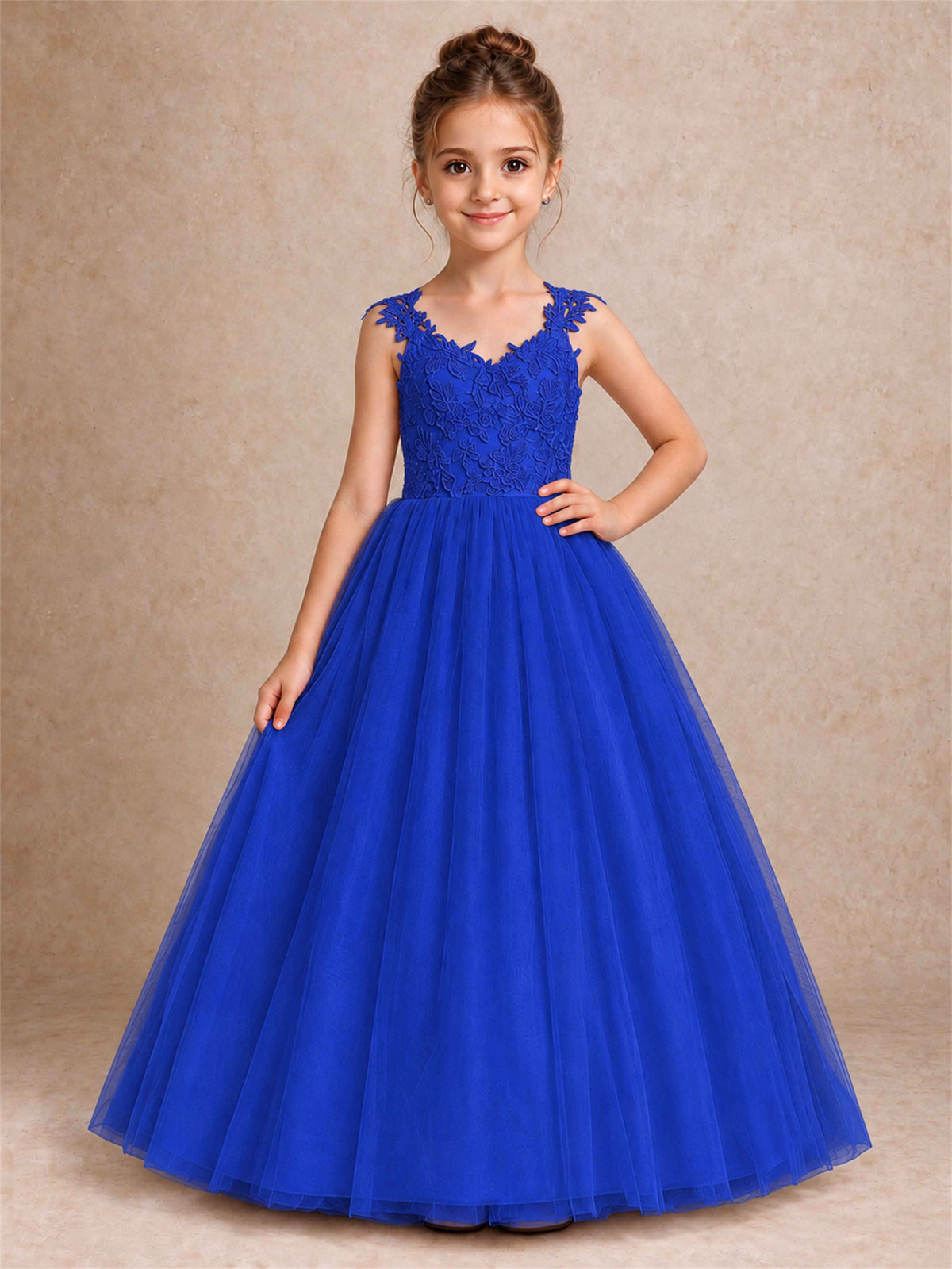 V Neck Lace Applique Sleeveless Tulle Floor Length Formal Gown for Wedding First Communion