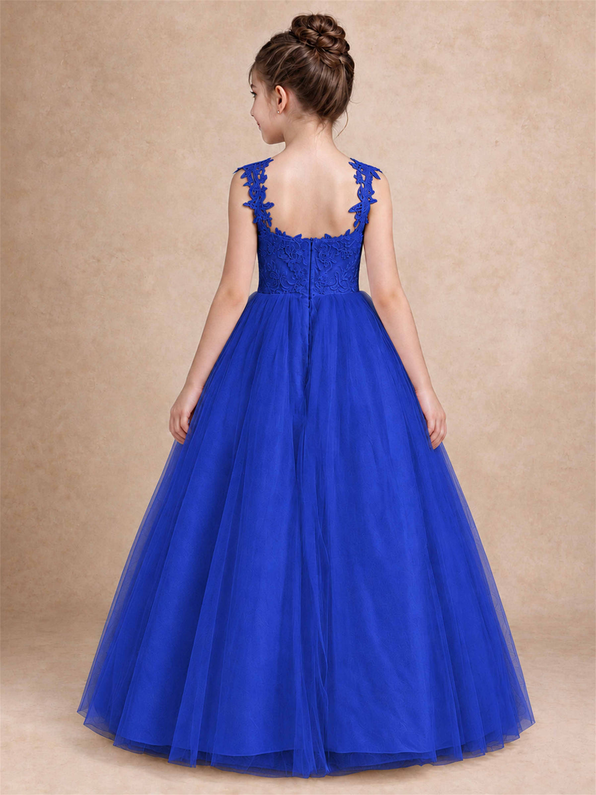 V Neck Lace Applique Sleeveless Tulle Floor Length Formal Gown for Wedding First Communion