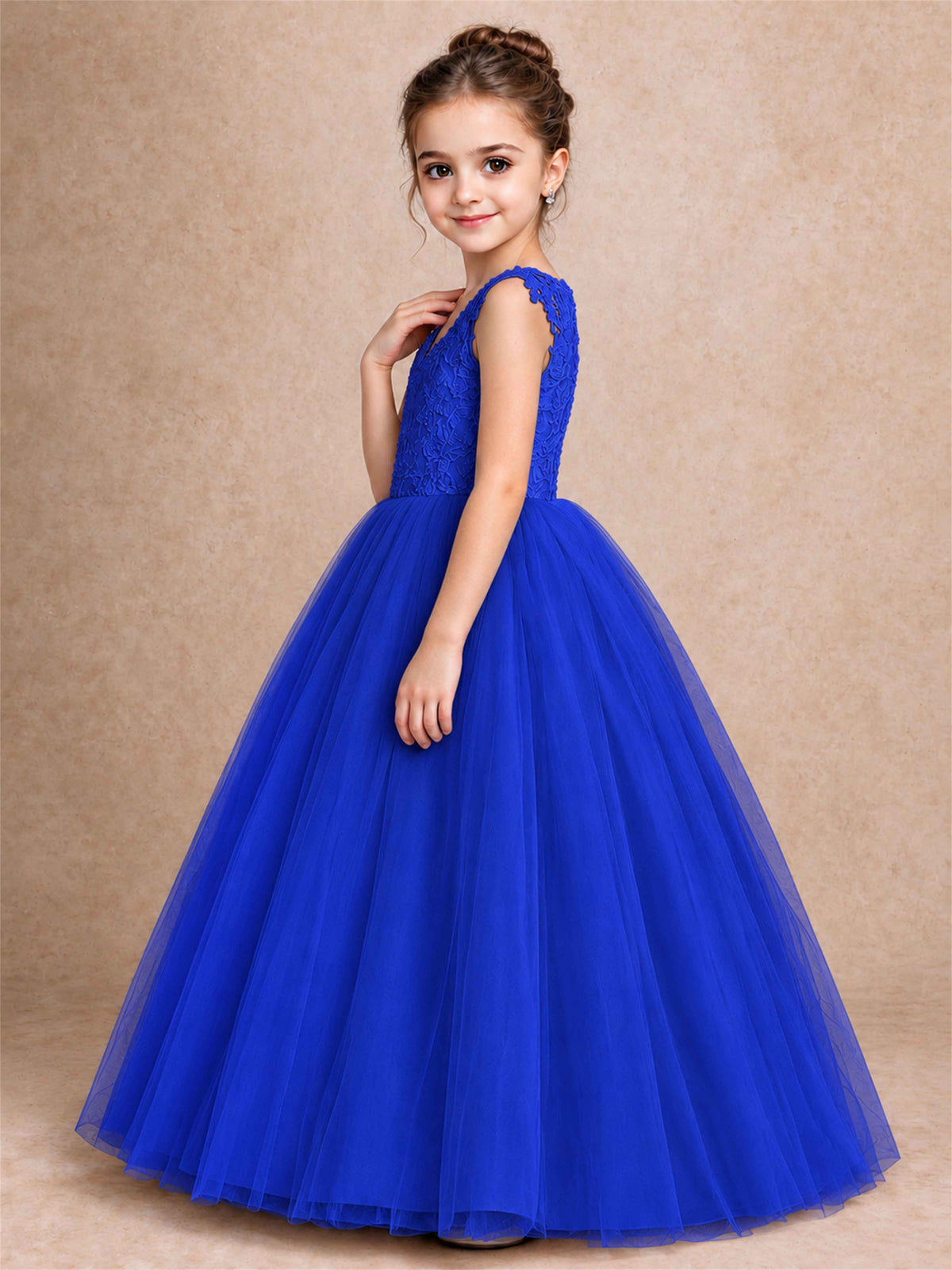 V Neck Lace Applique Sleeveless Tulle Floor Length Formal Gown for Wedding First Communion