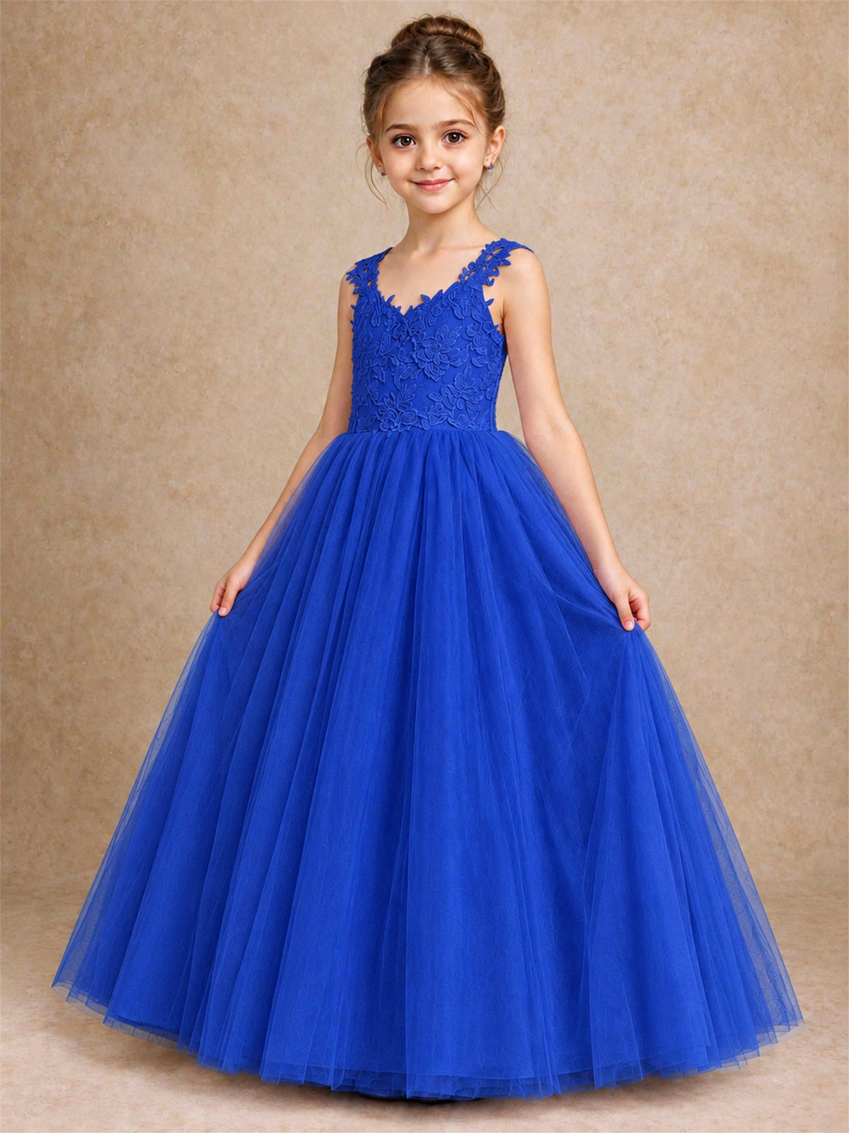 V Neck Lace Applique Sleeveless Tulle Floor Length Formal Gown for Wedding First Communion
