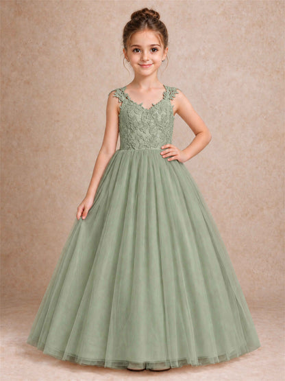 V Neck Lace Applique Sleeveless Tulle Floor Length Formal Gown for Wedding First Communion