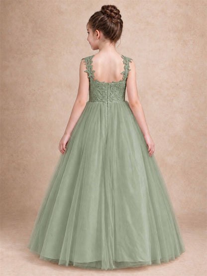 V Neck Lace Applique Sleeveless Tulle Floor Length Formal Gown for Wedding First Communion