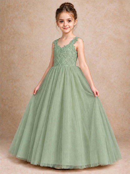 V Neck Lace Applique Sleeveless Tulle Floor Length Formal Gown for Wedding First Communion