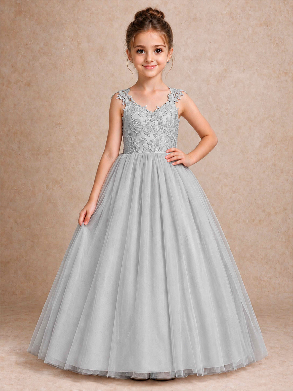 V Neck Lace Applique Sleeveless Tulle Floor Length Formal Gown for Wedding First Communion