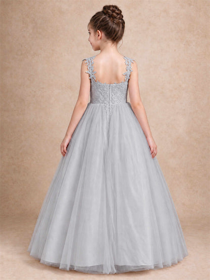 V Neck Lace Applique Sleeveless Tulle Floor Length Formal Gown for Wedding First Communion