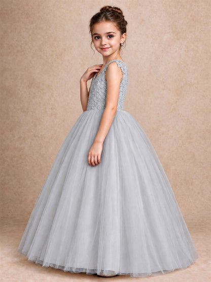 V Neck Lace Applique Sleeveless Tulle Floor Length Formal Gown for Wedding First Communion