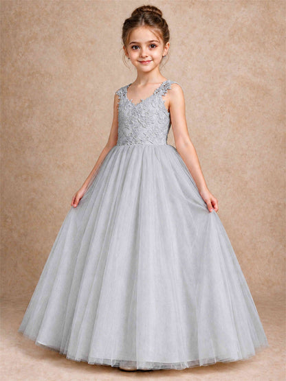 V Neck Lace Applique Sleeveless Tulle Floor Length Formal Gown for Wedding First Communion