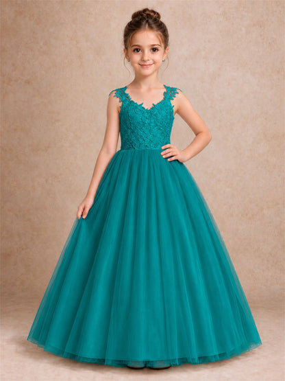 V Neck Lace Applique Sleeveless Tulle Floor Length Formal Gown for Wedding First Communion