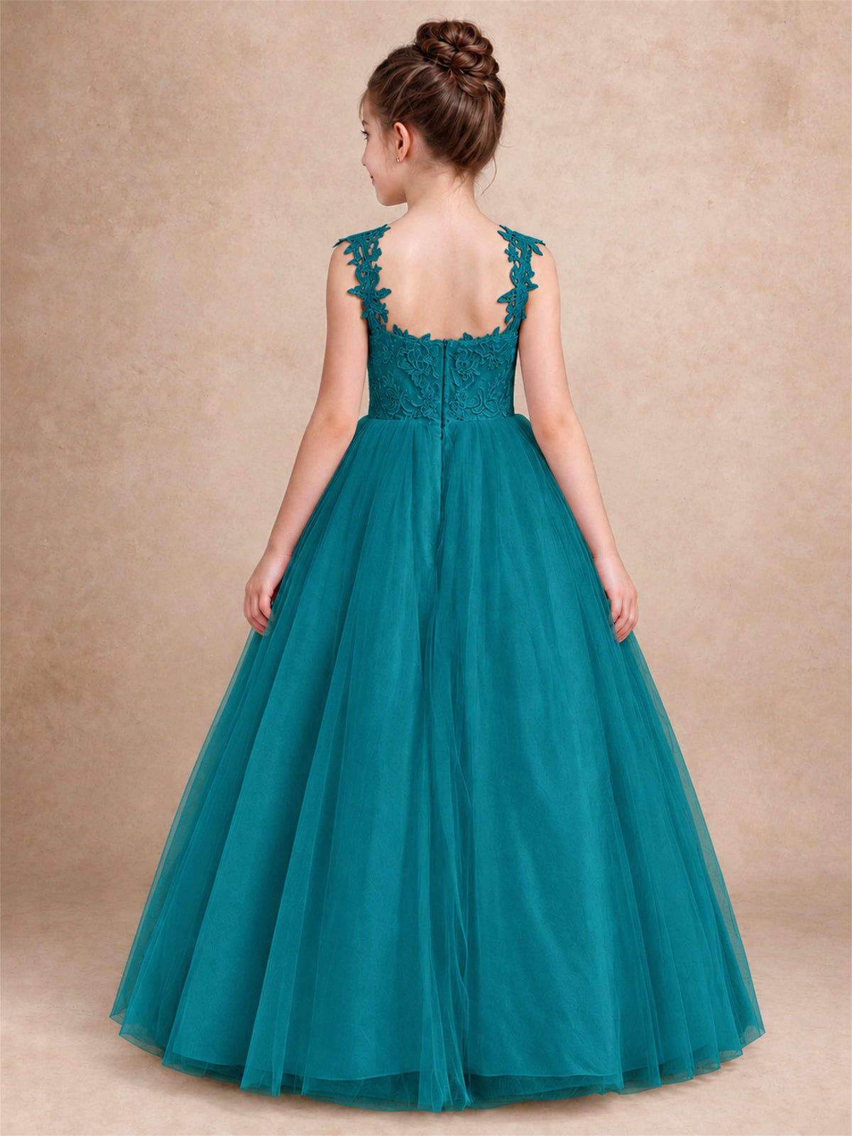 V Neck Lace Applique Sleeveless Tulle Floor Length Formal Gown for Wedding First Communion