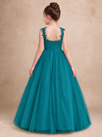 V Neck Lace Applique Sleeveless Tulle Floor Length Formal Gown for Wedding First Communion