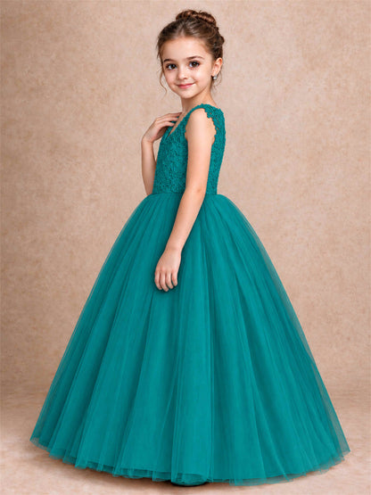 V Neck Lace Applique Sleeveless Tulle Floor Length Formal Gown for Wedding First Communion