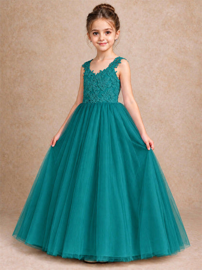 V Neck Lace Applique Sleeveless Tulle Floor Length Formal Gown for Wedding First Communion