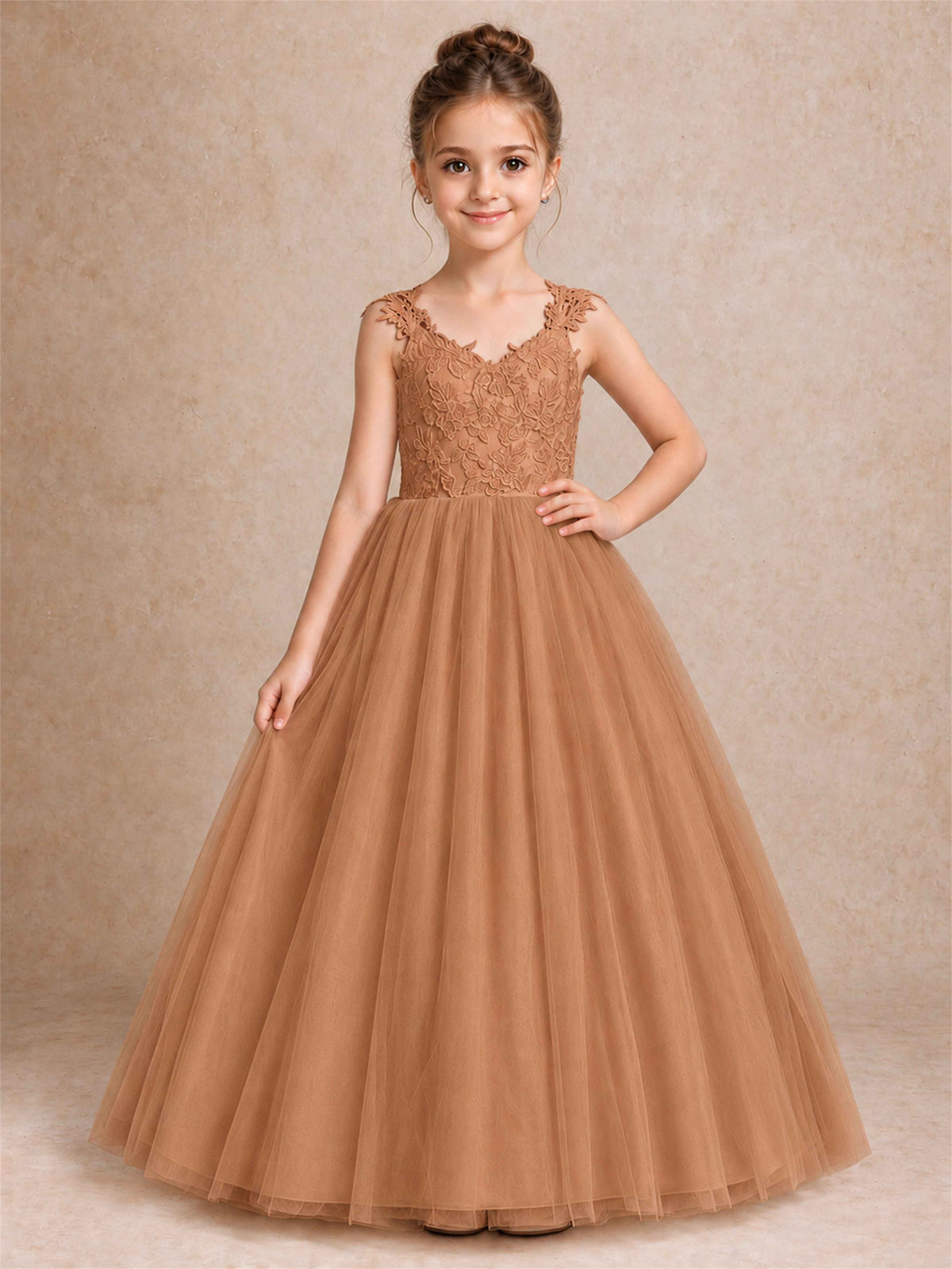 V Neck Lace Applique Sleeveless Tulle Floor Length Formal Gown for Wedding First Communion