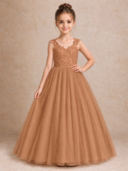 V Neck Lace Applique Sleeveless Tulle Floor Length Formal Gown for Wedding First Communion
