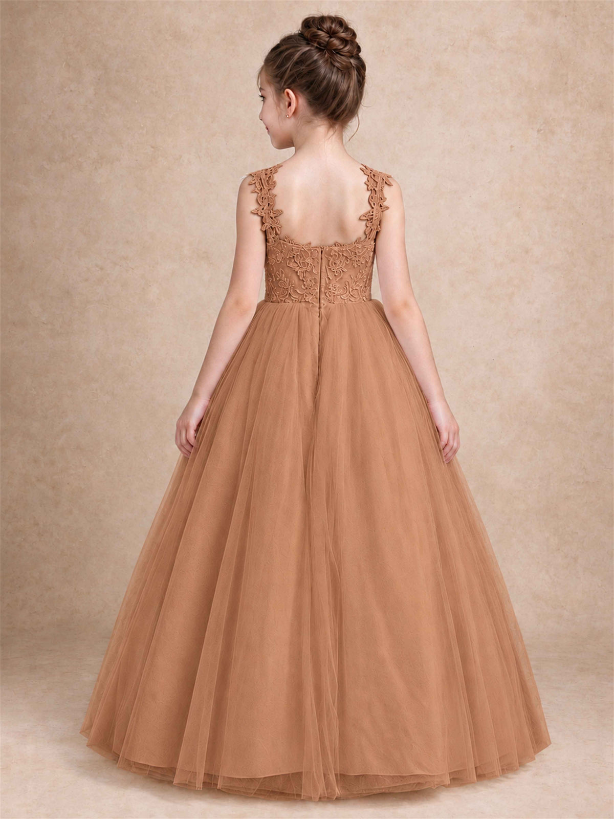 V Neck Lace Applique Sleeveless Tulle Floor Length Formal Gown for Wedding First Communion
