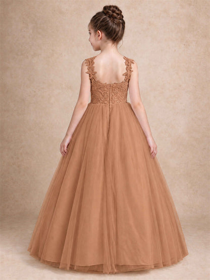 V Neck Lace Applique Sleeveless Tulle Floor Length Formal Gown for Wedding First Communion