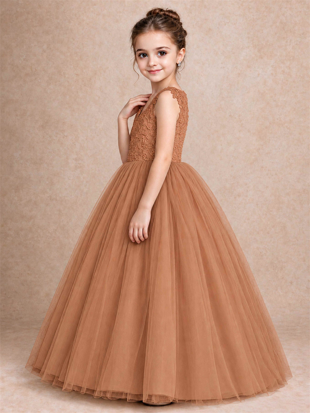 V Neck Lace Applique Sleeveless Tulle Floor Length Formal Gown for Wedding First Communion