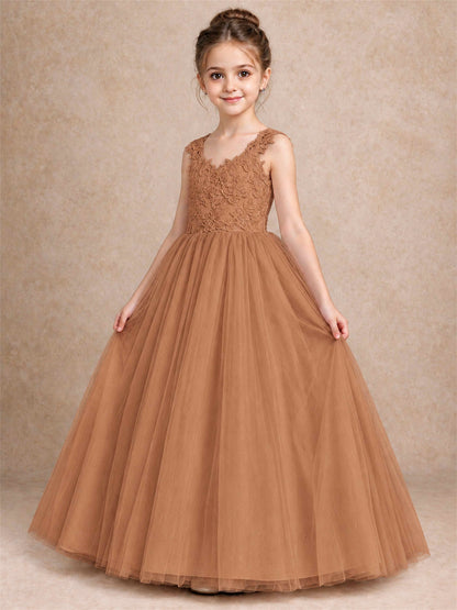 V Neck Lace Applique Sleeveless Tulle Floor Length Formal Gown for Wedding First Communion