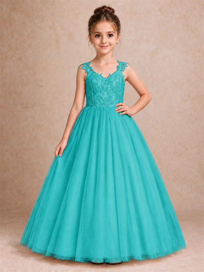 V Neck Lace Applique Sleeveless Tulle Floor Length Formal Gown for Wedding First Communion