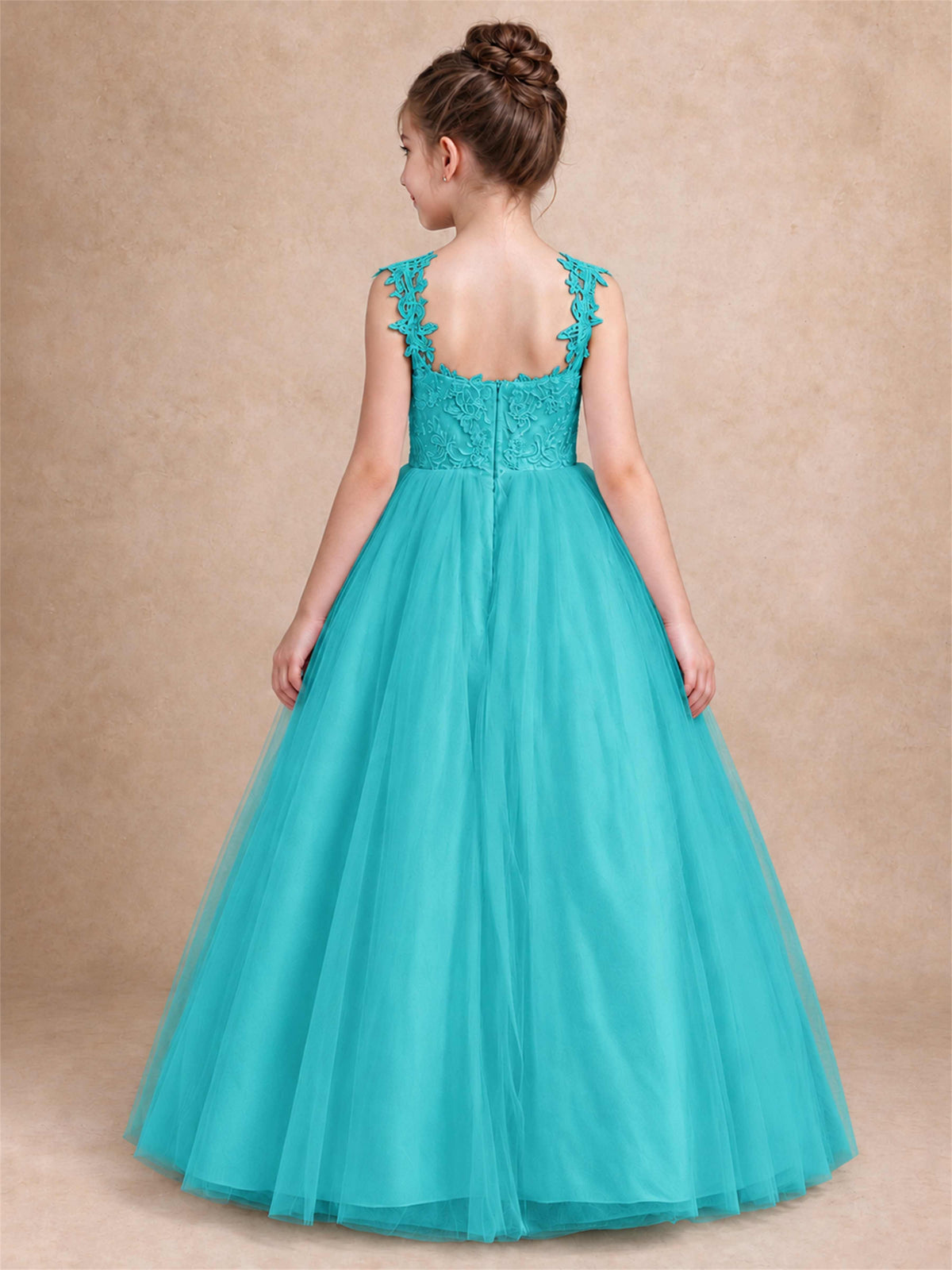 V Neck Lace Applique Sleeveless Tulle Floor Length Formal Gown for Wedding First Communion