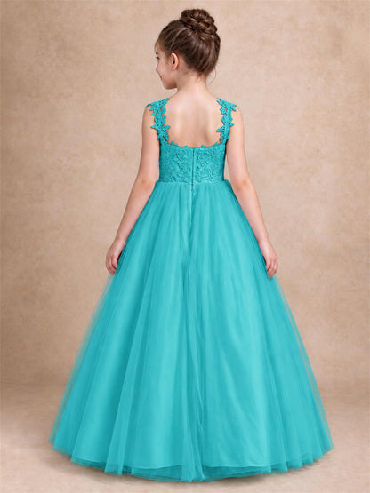 V Neck Lace Applique Sleeveless Tulle Floor Length Formal Gown for Wedding First Communion