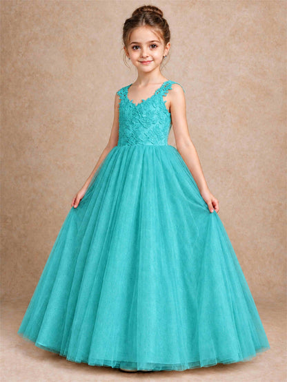 V Neck Lace Applique Sleeveless Tulle Floor Length Formal Gown for Wedding First Communion