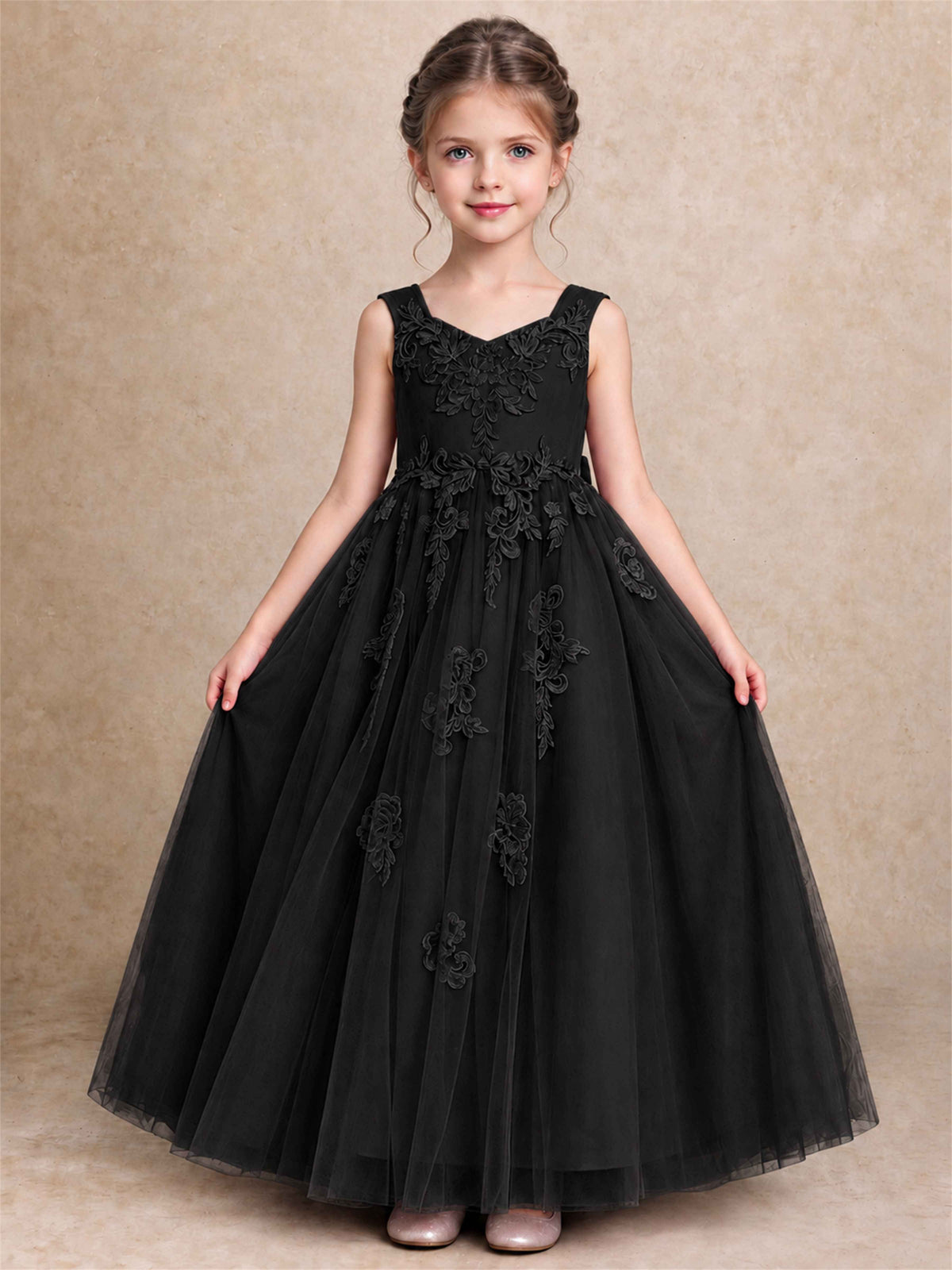 V Neck Lace Applique Tulle Flower Girl Dress Kids Wedding Party Princess Gown