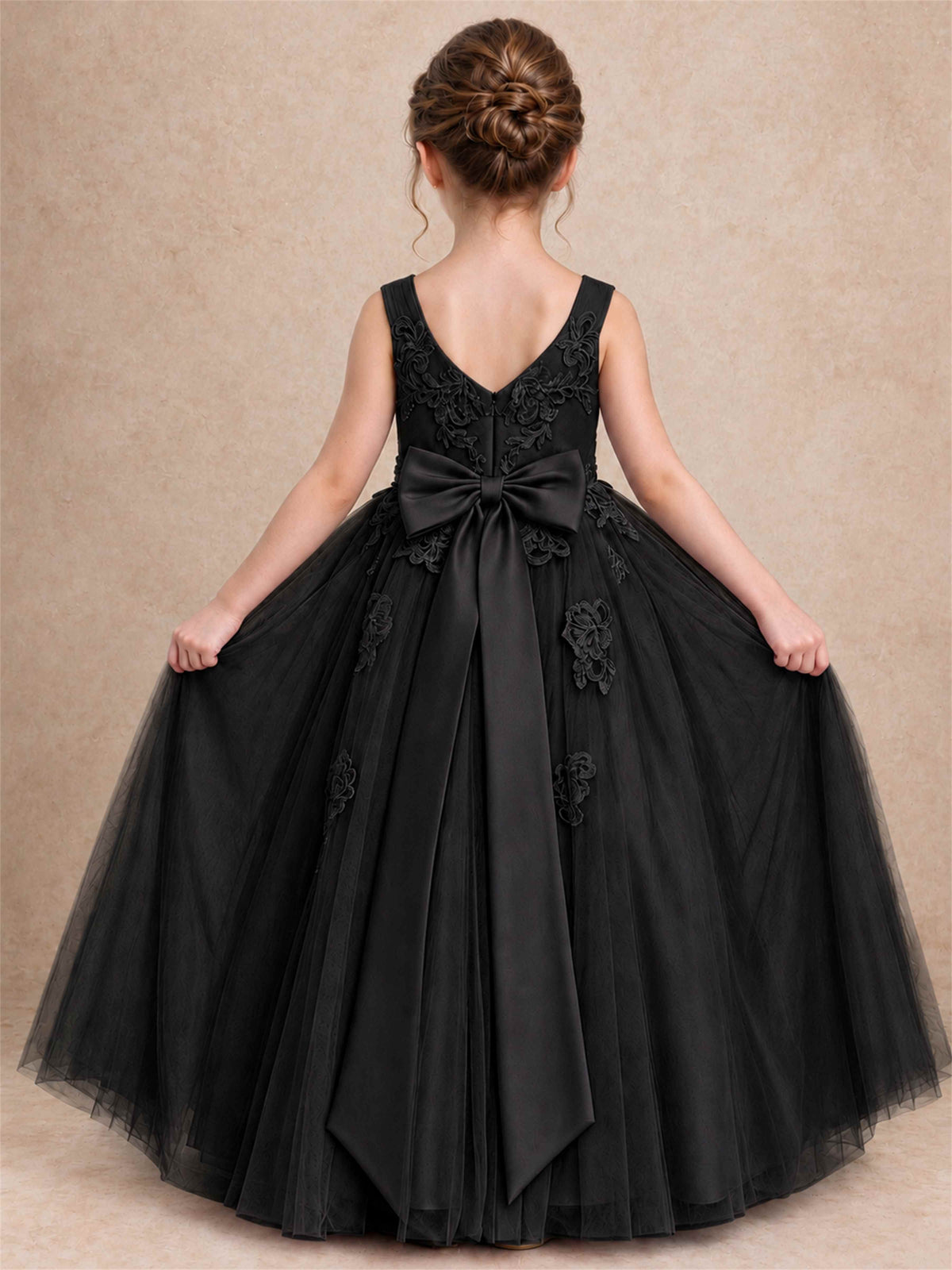 V Neck Lace Applique Tulle Flower Girl Dress Kids Wedding Party Princess Gown