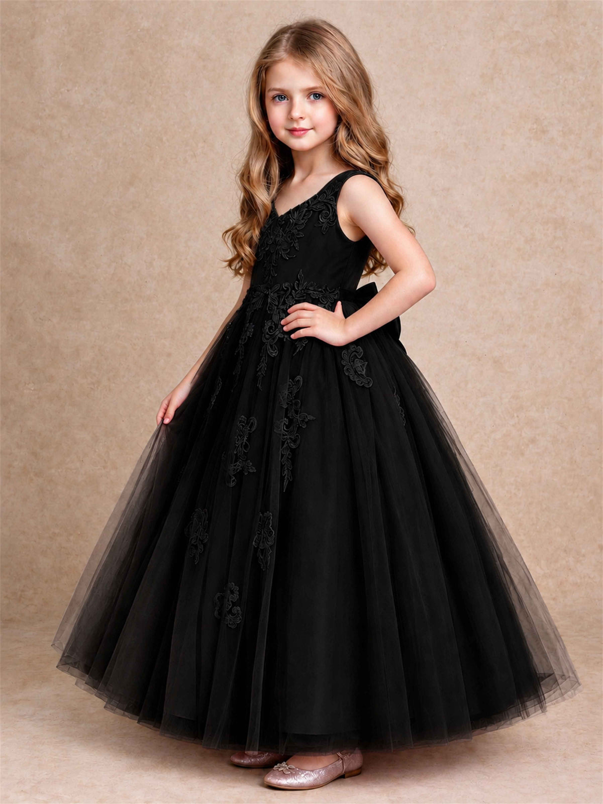 V Neck Lace Applique Tulle Flower Girl Dress Kids Wedding Party Princess Gown