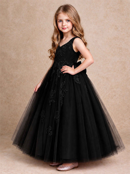 V Neck Lace Applique Tulle Flower Girl Dress Kids Wedding Party Princess Gown