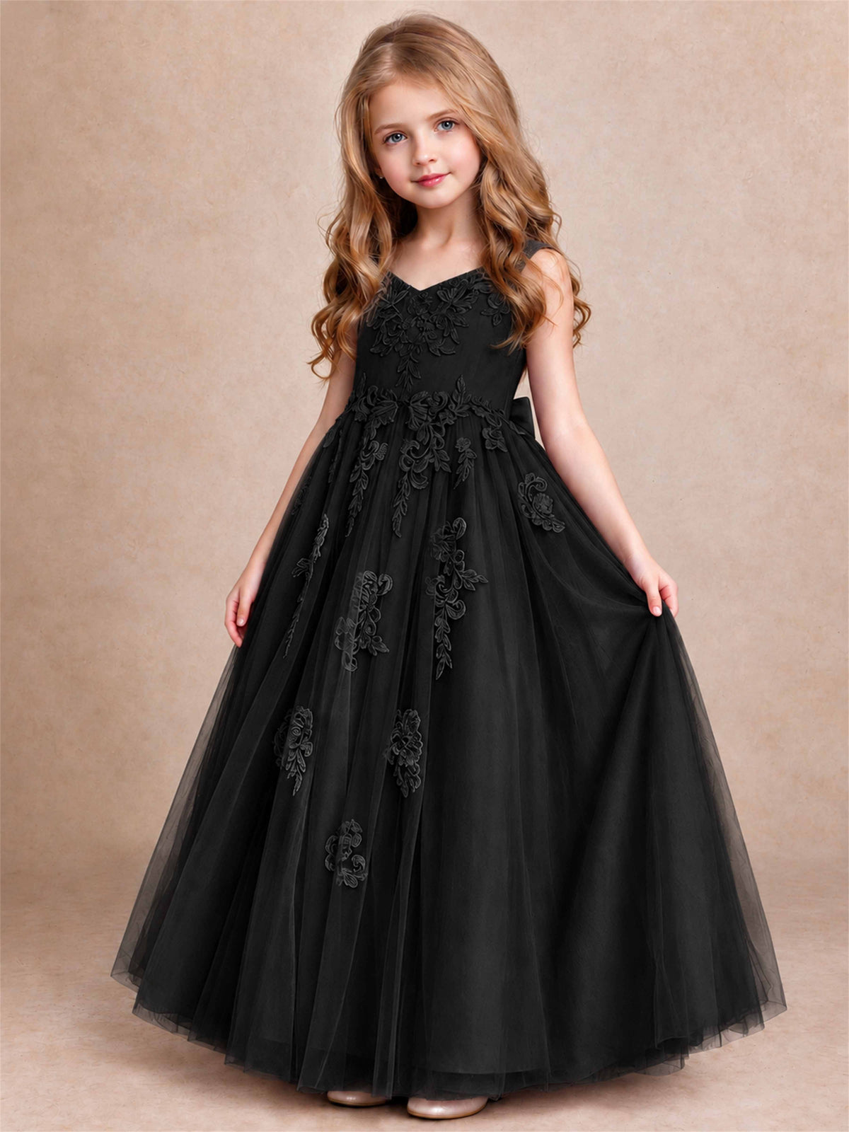 V Neck Lace Applique Tulle Flower Girl Dress Kids Wedding Party Princess Gown