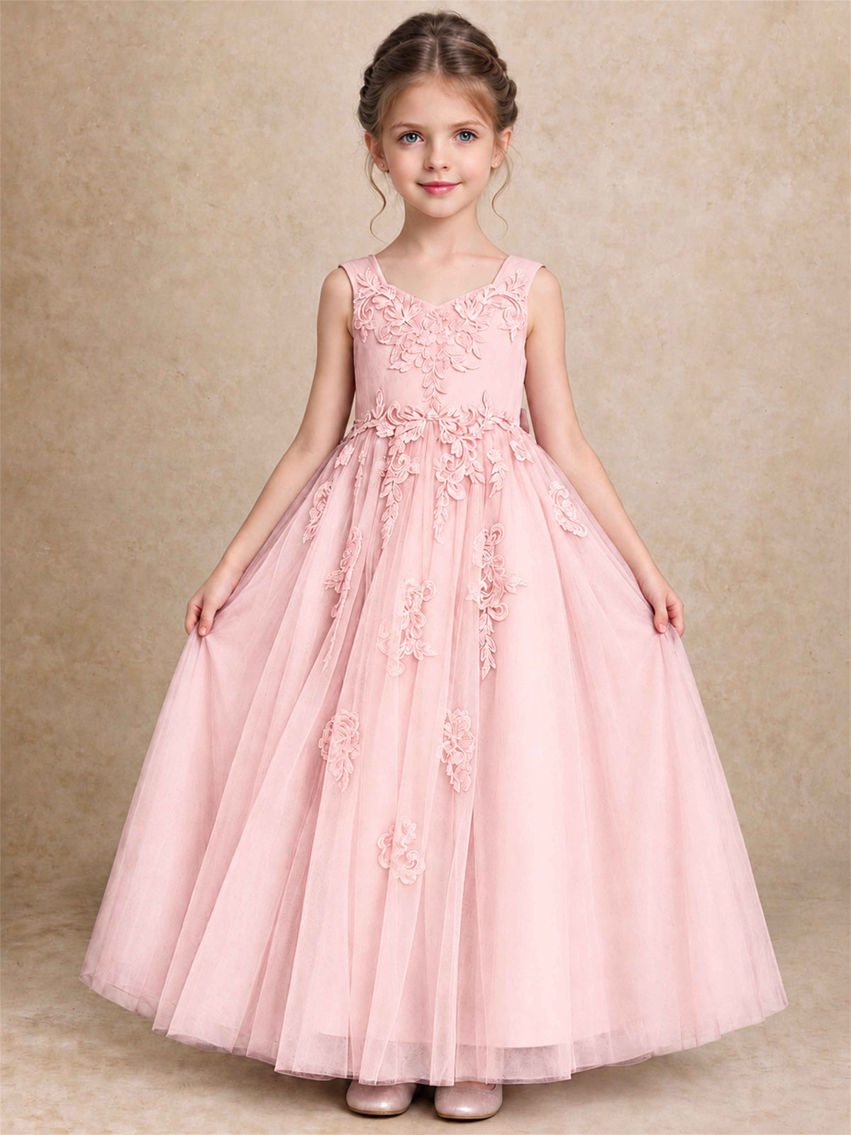 V Neck Lace Applique Tulle Flower Girl Dress Kids Wedding Party Princess Gown
