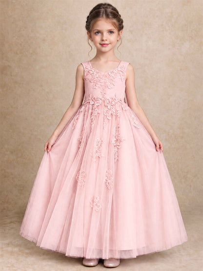 V Neck Lace Applique Tulle Flower Girl Dress Kids Wedding Party Princess Gown