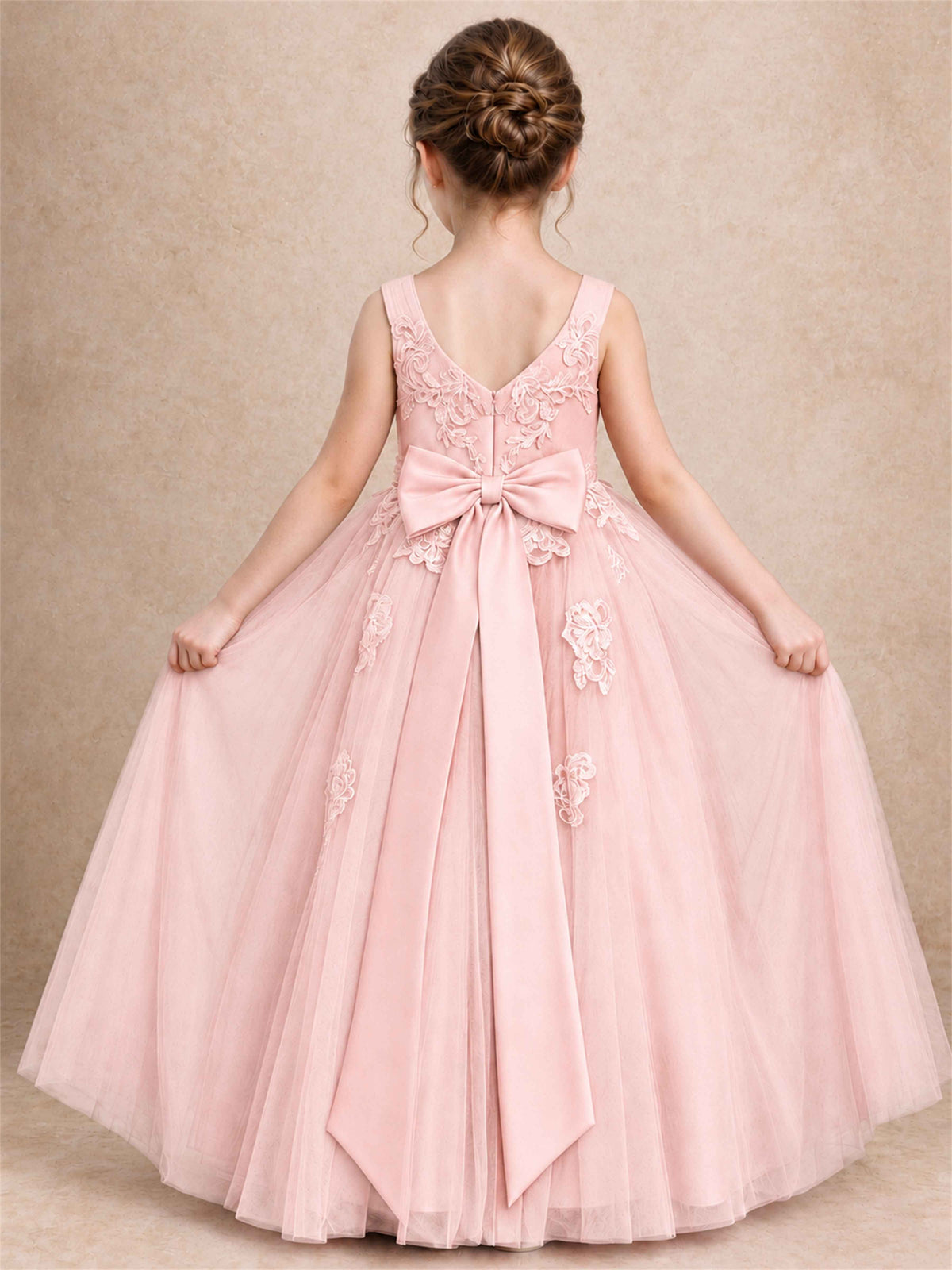 V Neck Lace Applique Tulle Flower Girl Dress Kids Wedding Party Princess Gown