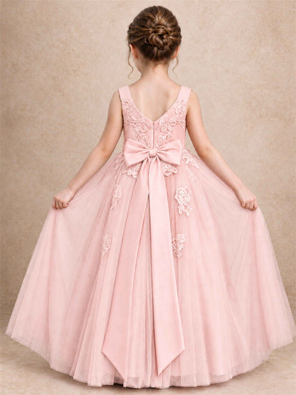 V Neck Lace Applique Tulle Flower Girl Dress Kids Wedding Party Princess Gown