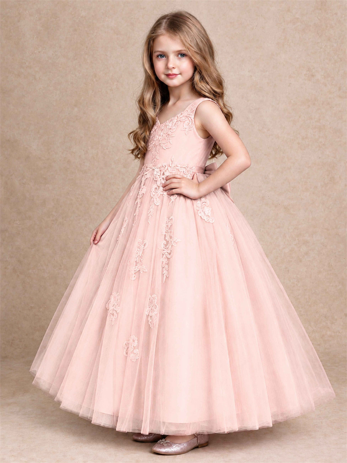 V Neck Lace Applique Tulle Flower Girl Dress Kids Wedding Party Princess Gown