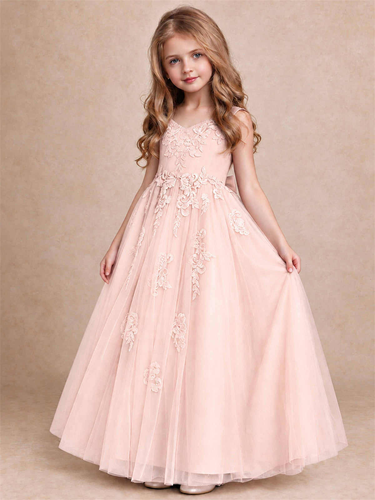 V Neck Lace Applique Tulle Flower Girl Dress Kids Wedding Party Princess Gown